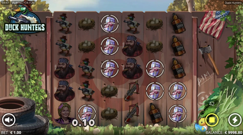 Duck Hunters gameplay showing scatter pays wins with hunter symbols and tumbling mechanics