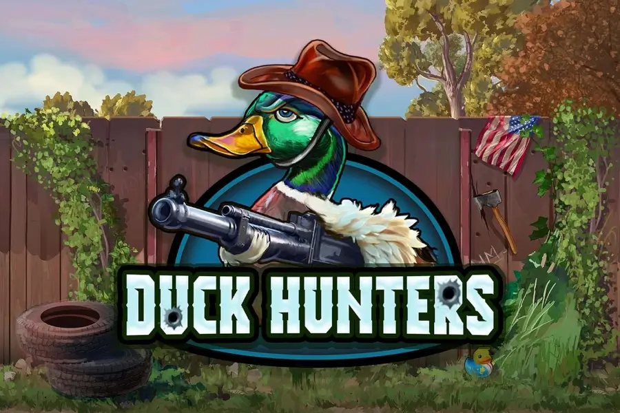 Duck Hunters slot game interface showing 6x5 grid with hunting theme