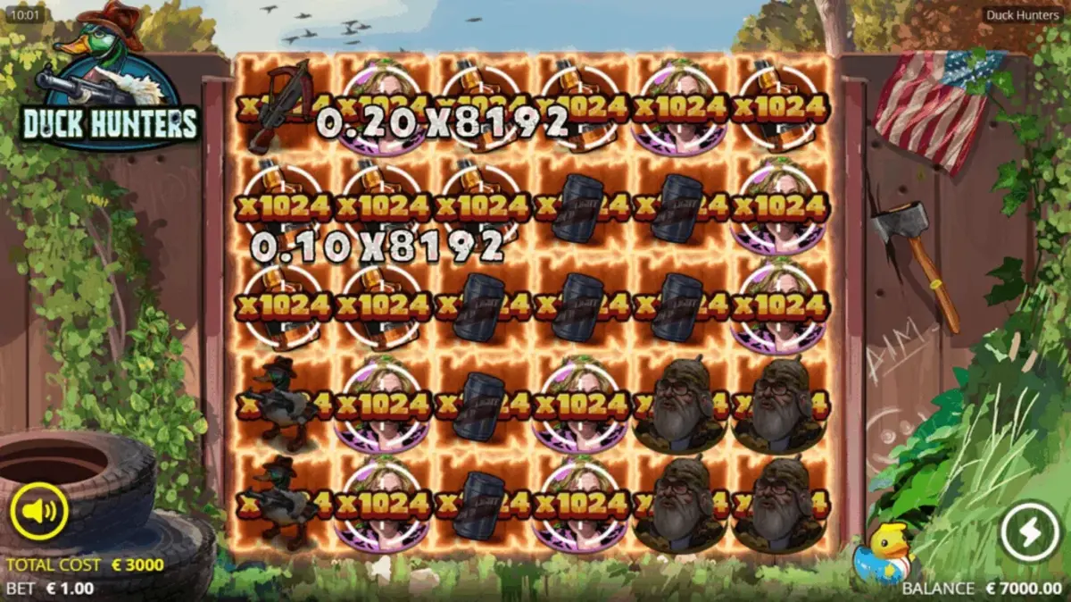 Duck Hunters multiplier grid showing x1024 and x8192 multipliers across multiple positions